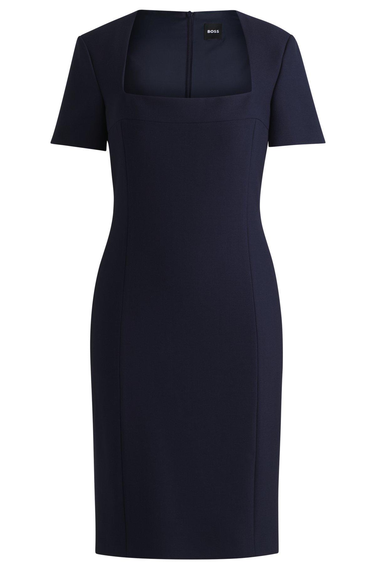 BOSS - Square-neck slim-fit dress in stretch material - Dark Blue Product Image