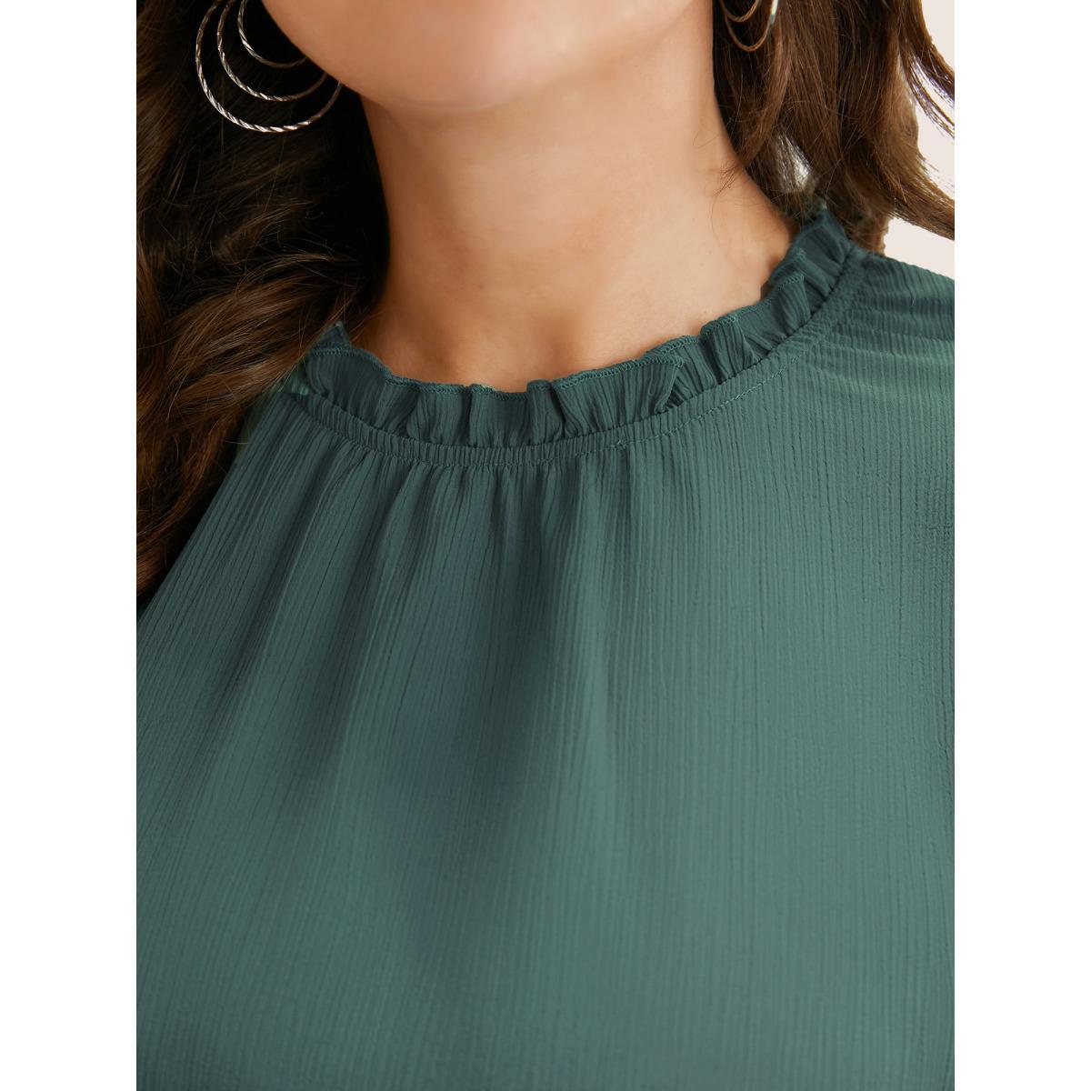 Plus Size Mint Plain Mock Neck Cap Sleeve Ruffle Trim Blouse Women Elegant Short sleeve Mock Neck Everyday Blouses BloomChic 18-20/2X Product Image