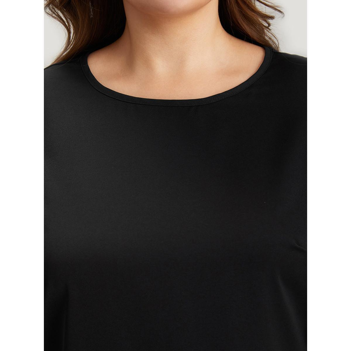 Plus Size Black Solid Crew Neck Ruffle Trim Blouse Women Office Cap Sleeve Round Neck Work Blouses BloomChic 30/6X Product Image