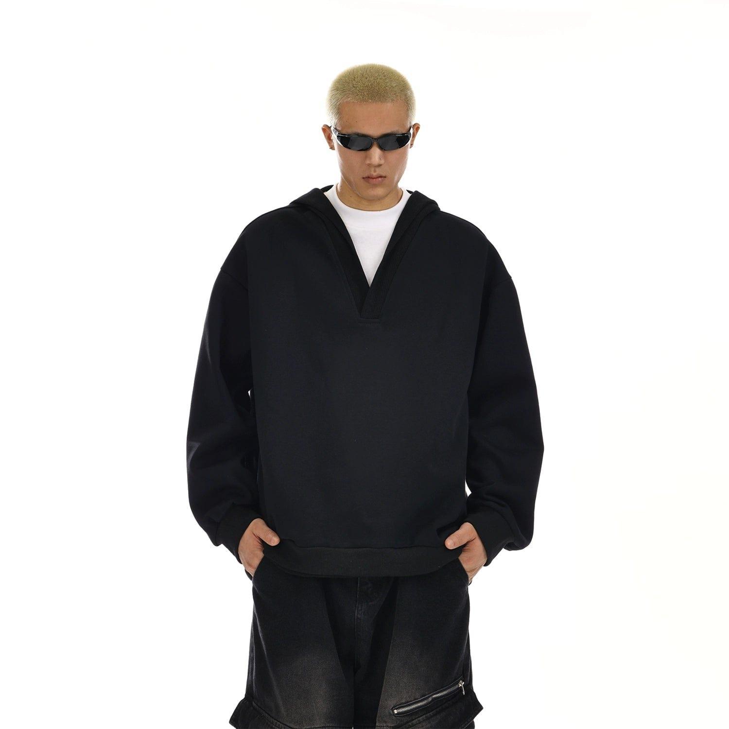 RT No. 12129 BLACK V-NECK PULLOVER HOODIE Product Image