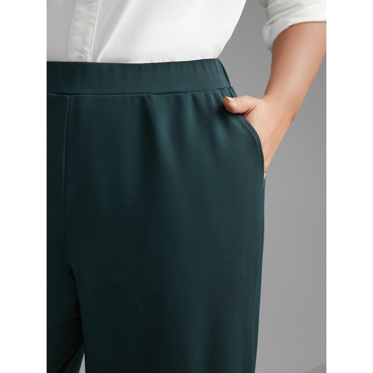 Plus Size Solid Elastic Waist Wide Leg Pants Women DarkGreen Workwear Essentials Wide Leg Mid Rise Work Pants BloomChic 26/4X Product Image