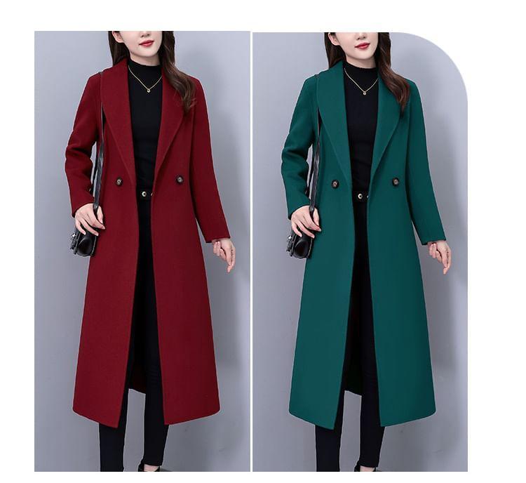 Shawl Collar Plain Midi Double Breasted Coat Product Image