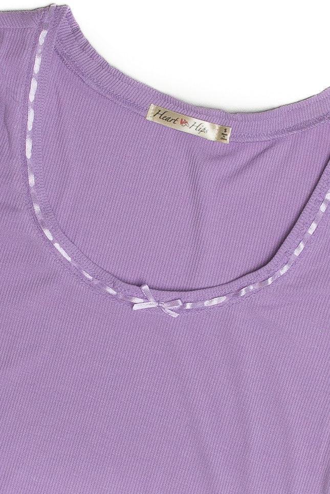 Lavender Satin Bow Ribbed Shirt Product Image