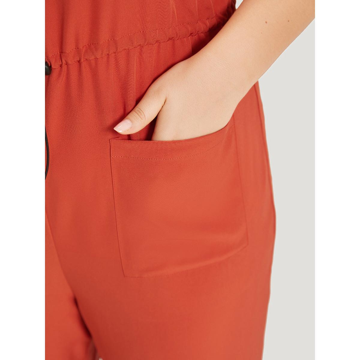 Plus Size OrangeRed Plain Button Up Pocket Roll Hem Drawstring Jumpsuit Women Elegant Sleeveless Spaghetti Strap Dailywear Loose Jumpsuits BloomChic 18-20/2X Product Image