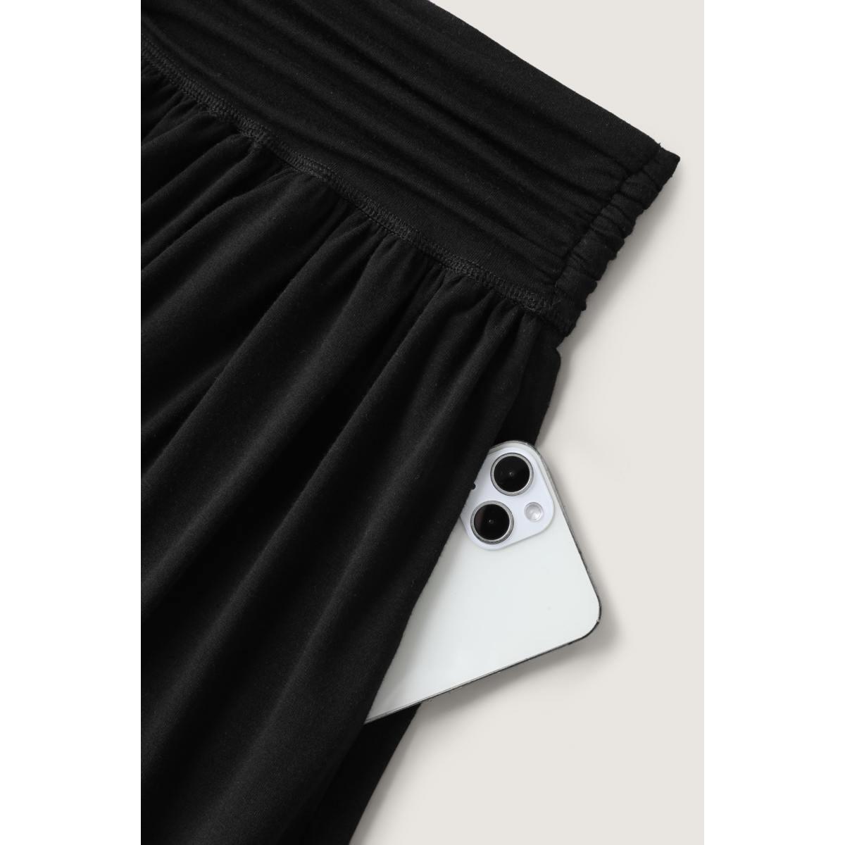 Plus Size Ruched Waist Flowy Solid Midi Skirt Women Black Casual Loose No stretch Side seam pocket Everyday-Casual Skirts BloomChic 12/L Product Image