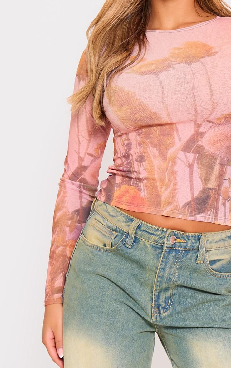 Pink Printed Burnout Mesh Long Sleeve Top Product Image