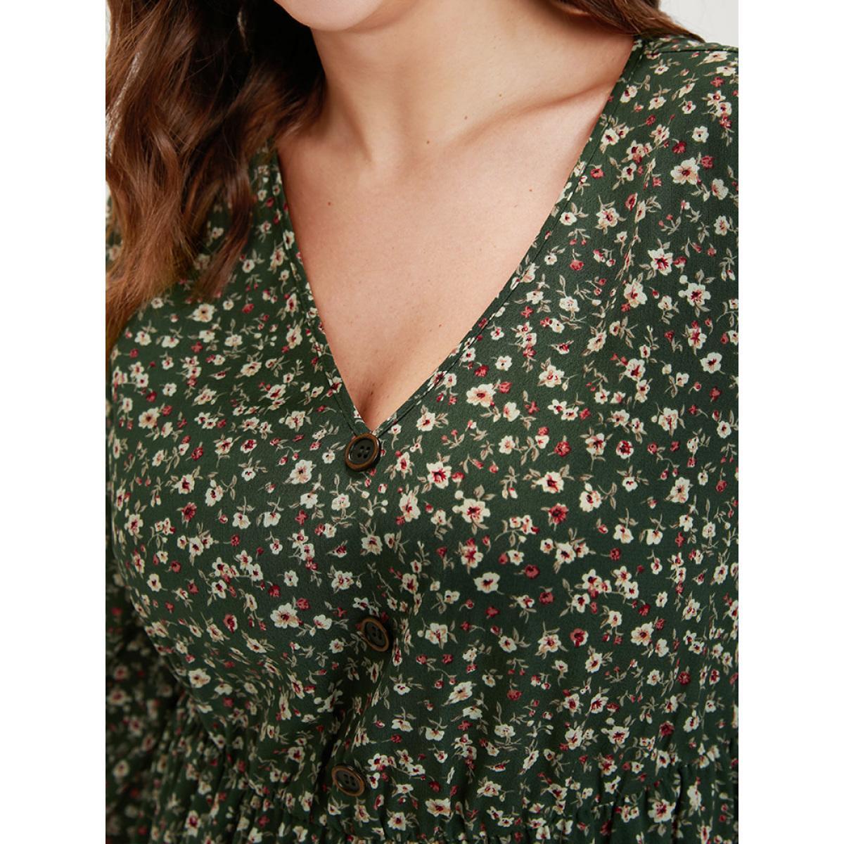 Plus Size Ditsy Floral Pocket Puff Sleeve Fake Button Ruffles Hem Dress Green Women Elegant Button V-neck Long Sleeve Curvy Midi Dress BloomChic 22-24/3X Product Image