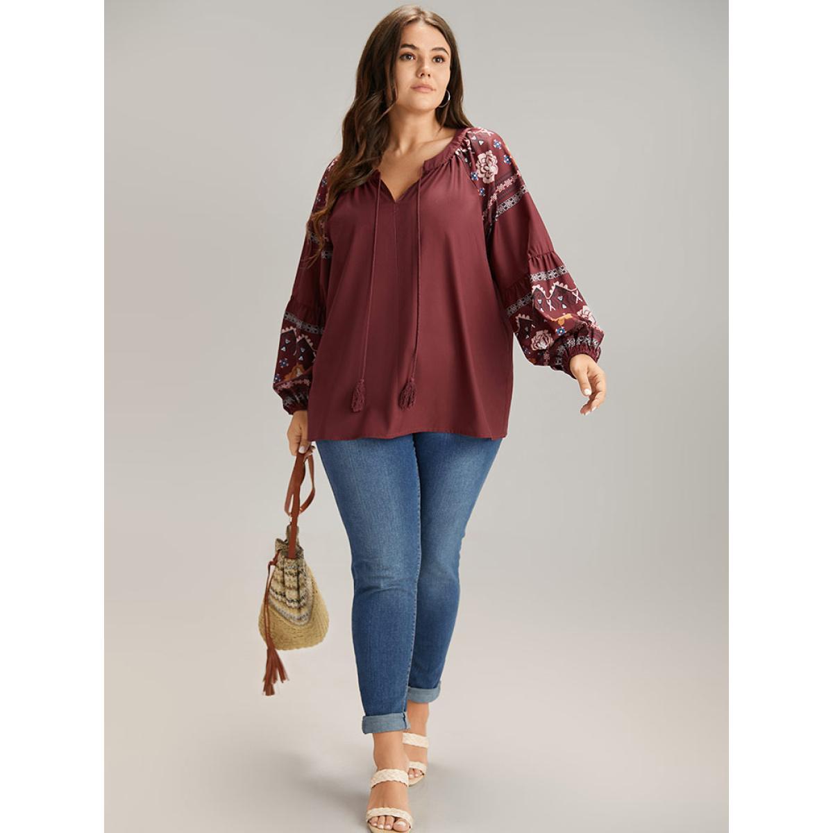Plus Size Scarlet Boho Print Tie Neck Tassel Trim Blouse Women Vacation Long Sleeve Tie Neck Dailywear Blouses BloomChic 10/M Product Image