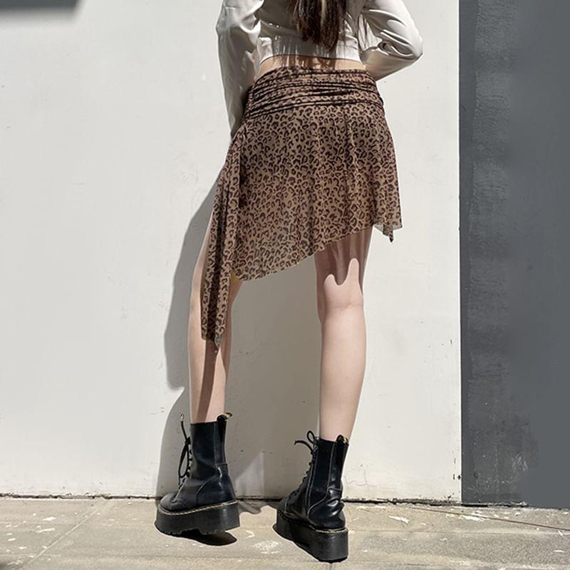 Mid Waist Leopard Print Asymmetrical Mini Pencil Skirt Product Image