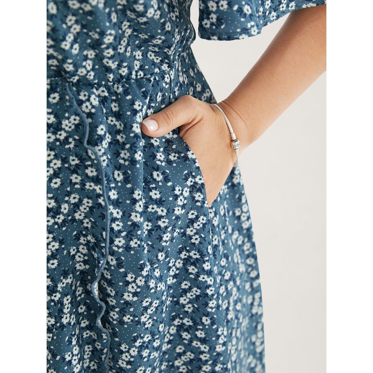 Plus Size Ditsy Floral Pocket Wrap Cold Shoulder Ruffle Dress Stone Women Elegant Non Overlap Collar Short sleeve Curvy Midi Dress BloomChic 10/M Product Image