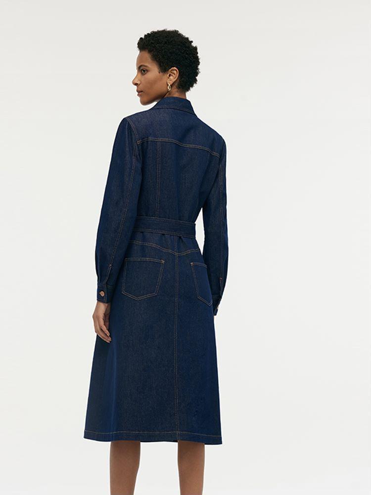 Denim Lapel Women Midi Dress With Belt Product Image