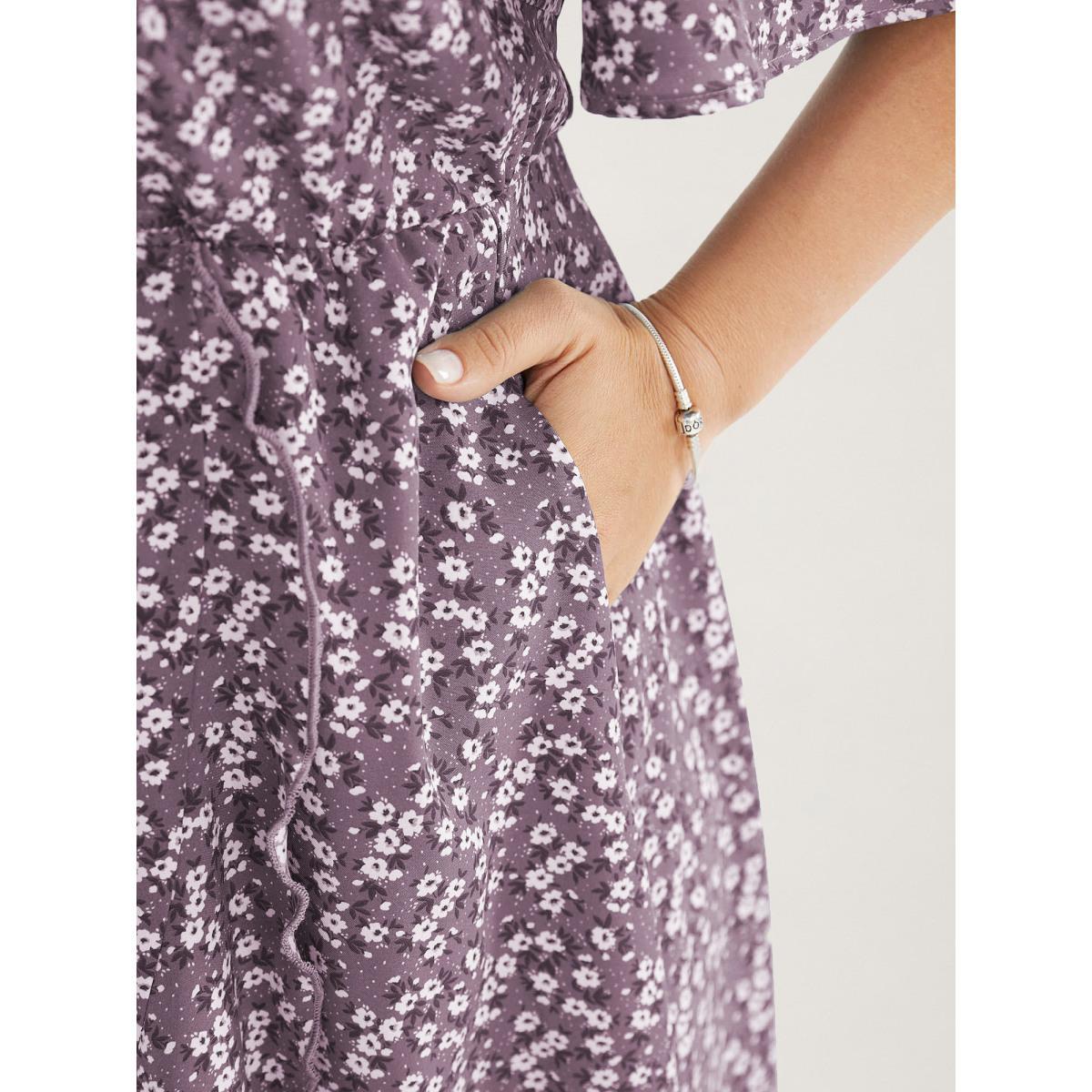 Plus Size Ditsy Floral Pocket Wrap Cold Shoulder Ruffle Dress Mauve Women Elegant Non Overlap Collar Short sleeve Curvy Midi Dress BloomChic 14-16/1X Product Image