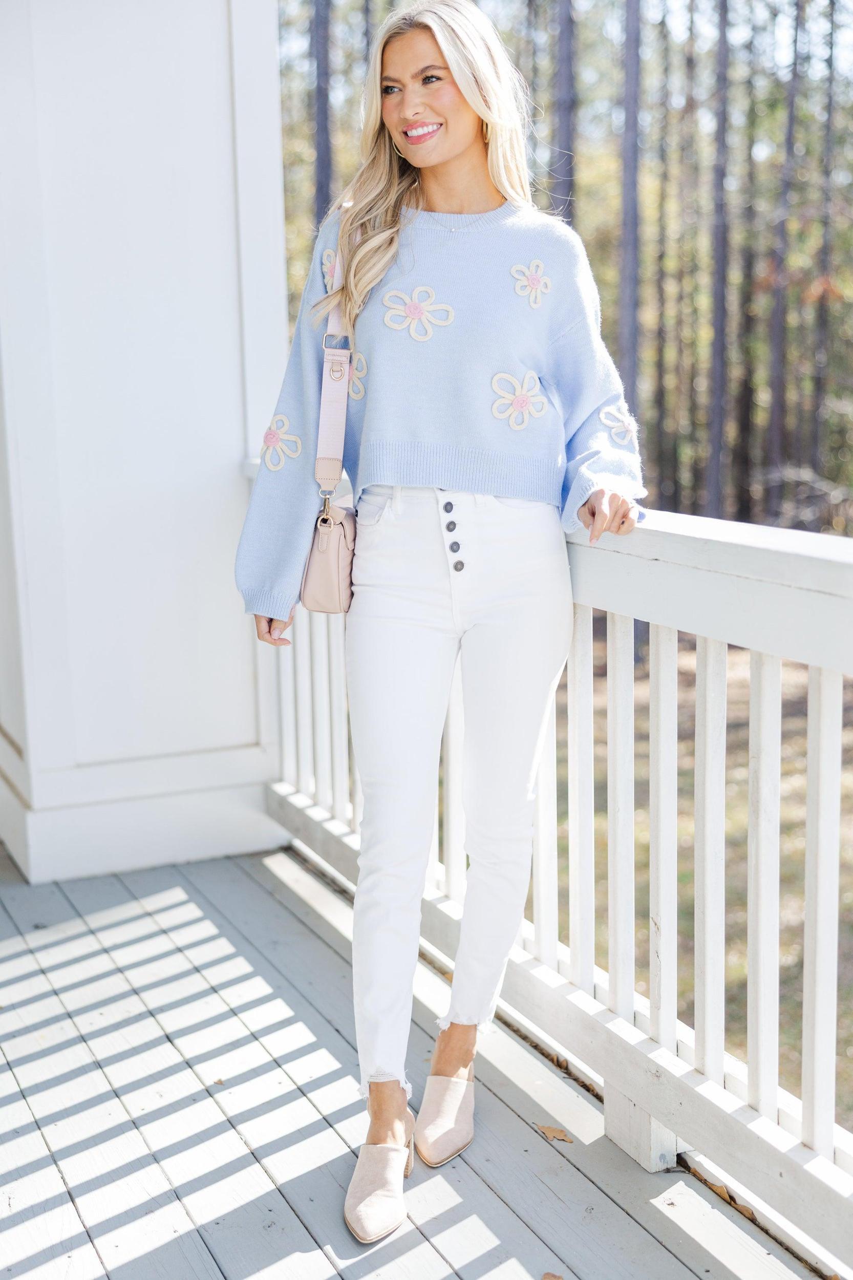 Feeling Femme Light Blue Floral Sweater Female Product Image