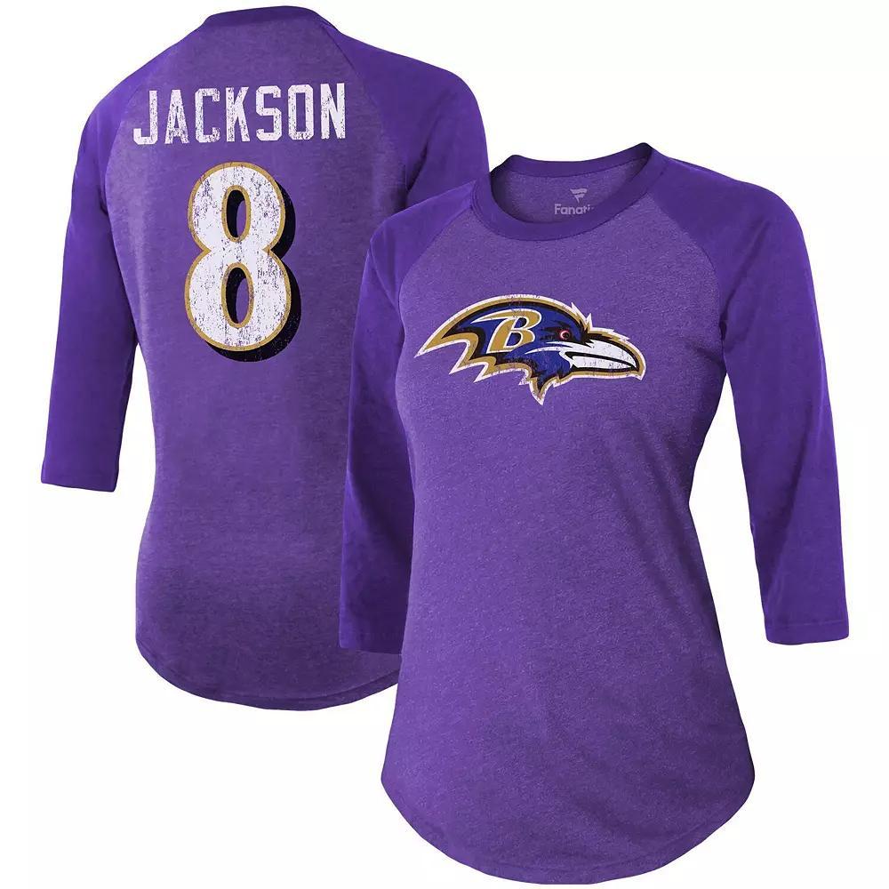 Women's Fanatics Branded Lamar Jackson Purple Baltimore Ravens Team Player Name & Number Tri-Blend Raglan 3/4-Sleeve T-Shirt, Size: Small Product Image
