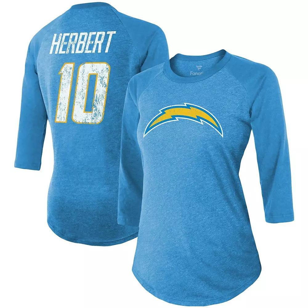 Women's Fanatics Branded Justin Herbert Powder Blue Los Angeles Chargers Team Player Name & Number Raglan 3/4-Sleeve T-Shirt, Size: XL, Light Product Image