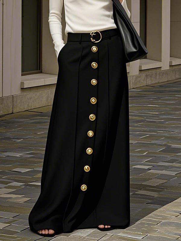 Loose Buttoned No Belt Pockets Solid Color Skirts Bottoms Product Image