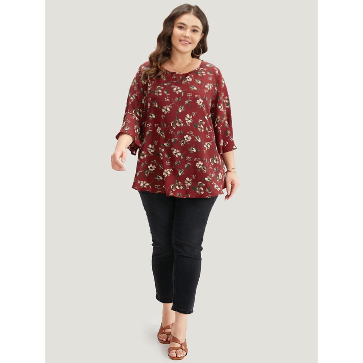 Plus Size Scarlet Floral Print Bell Sleeve Crew Neck Blouse Women Elegant Half Sleeve Round Neck Dailywear Blouses BloomChic 12/L Product Image