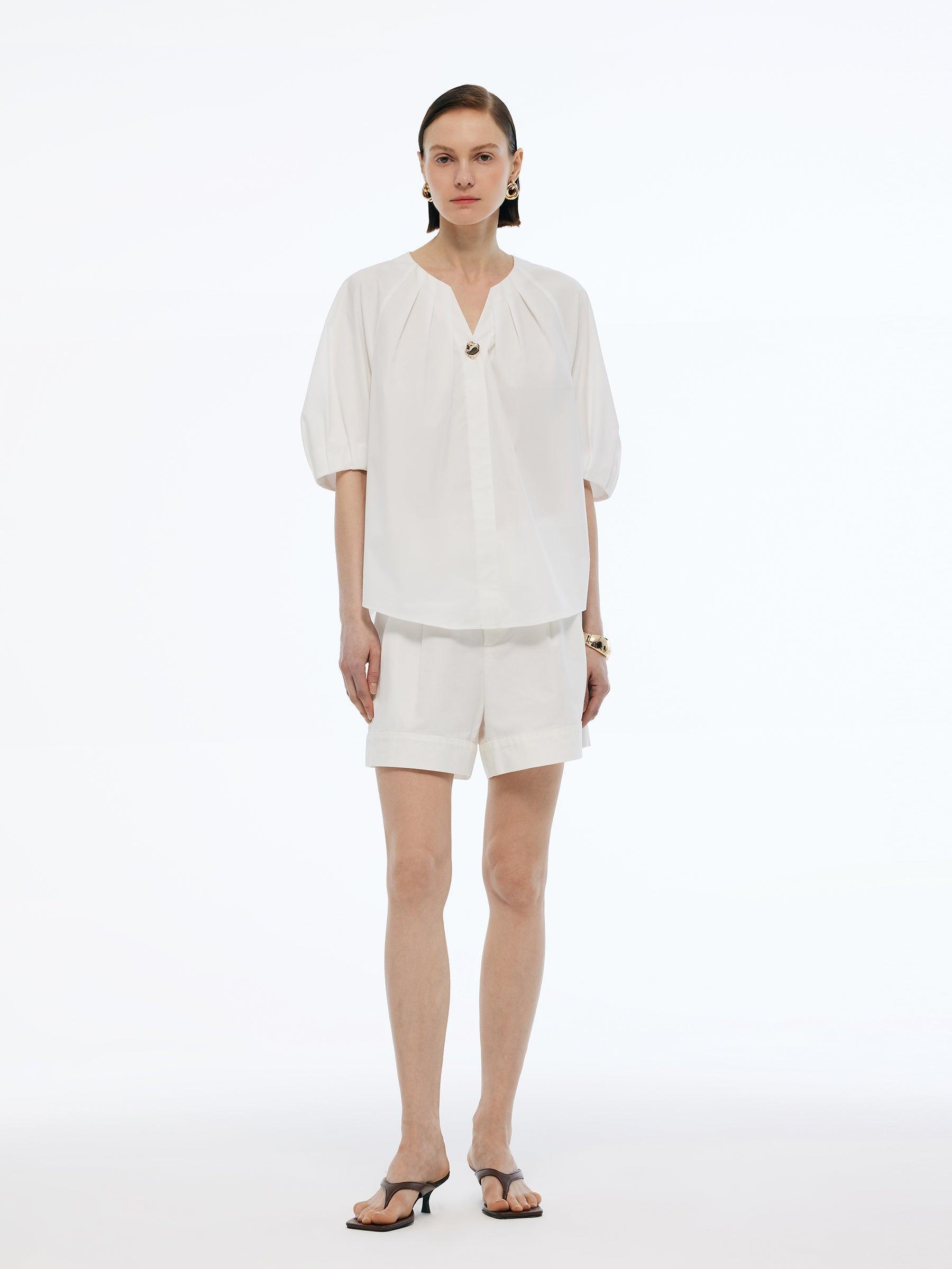 Volume Sleeve Women Pleat Neck Blouse Product Image