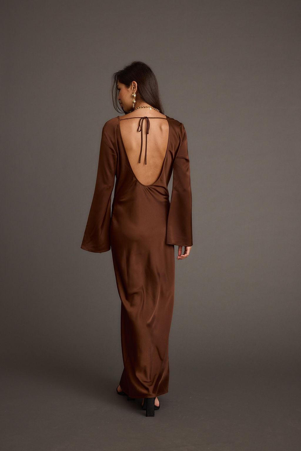 Strokes Mocha Long Sleeve Plunge Satin Maxi Dress Product Image