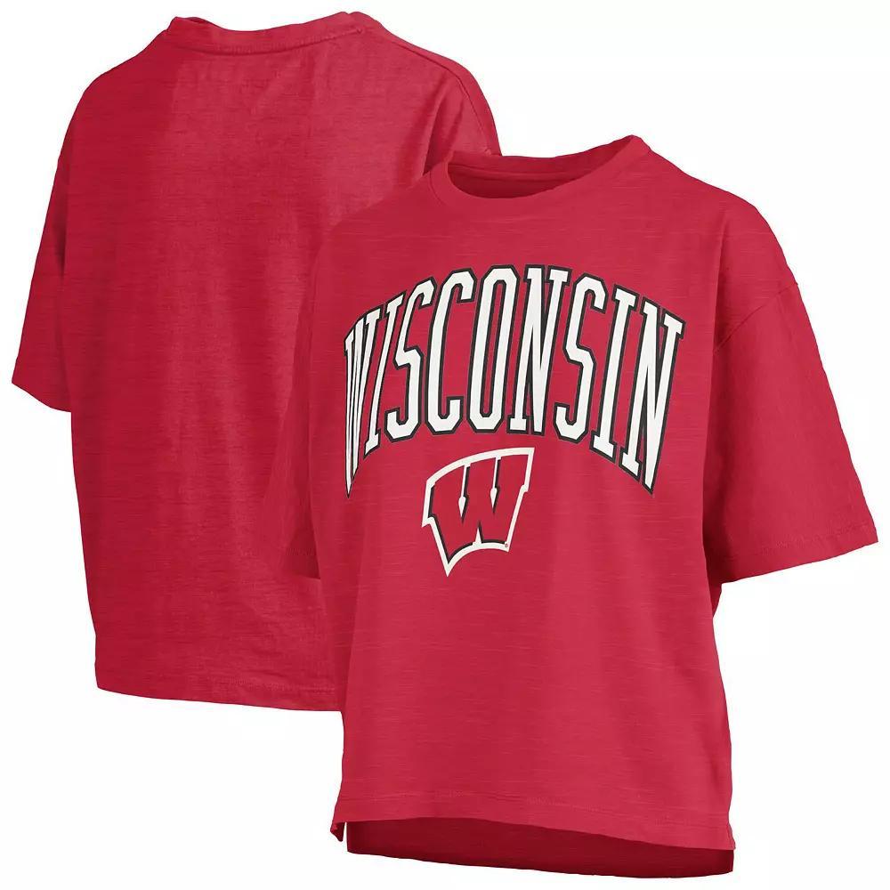 Women's Pressbox Red Wisconsin Badgers Nelson Arch Over Logo Waist Length Oversized Slub T-Shirt, Size: XL Product Image