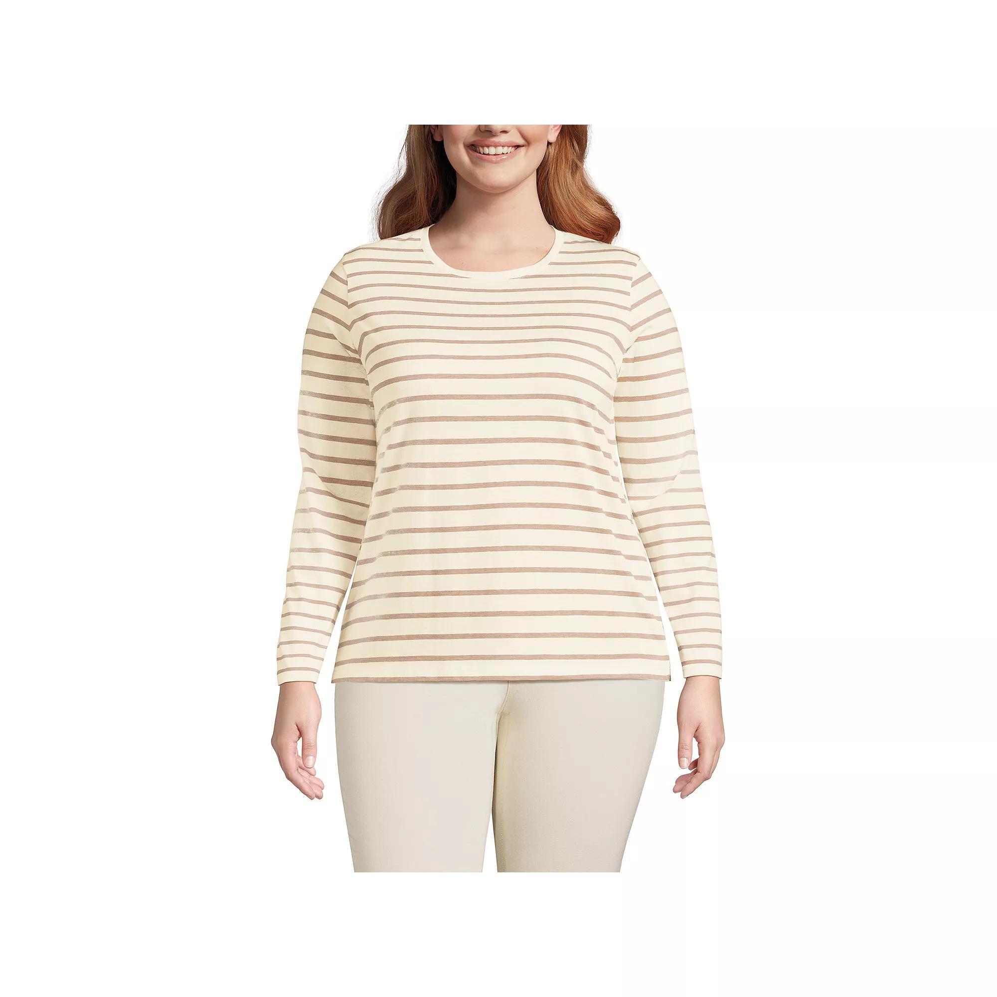 Plus Size Lands' End Long Sleeve Relaxed Supima Cotton Crewneck Tee, Women's, Size: 1XL, Ivory Black Stripe Product Image