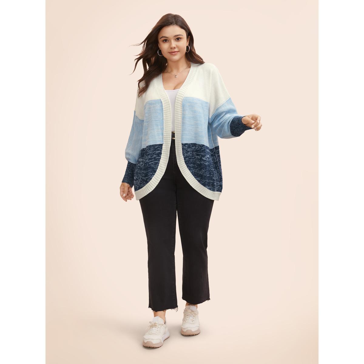 Plus Size Colorblock Contrast Curved Hem Cardigan Indigo Women Casual Loose Long Sleeve Everyday Cardigans BloomChic 12/L Product Image
