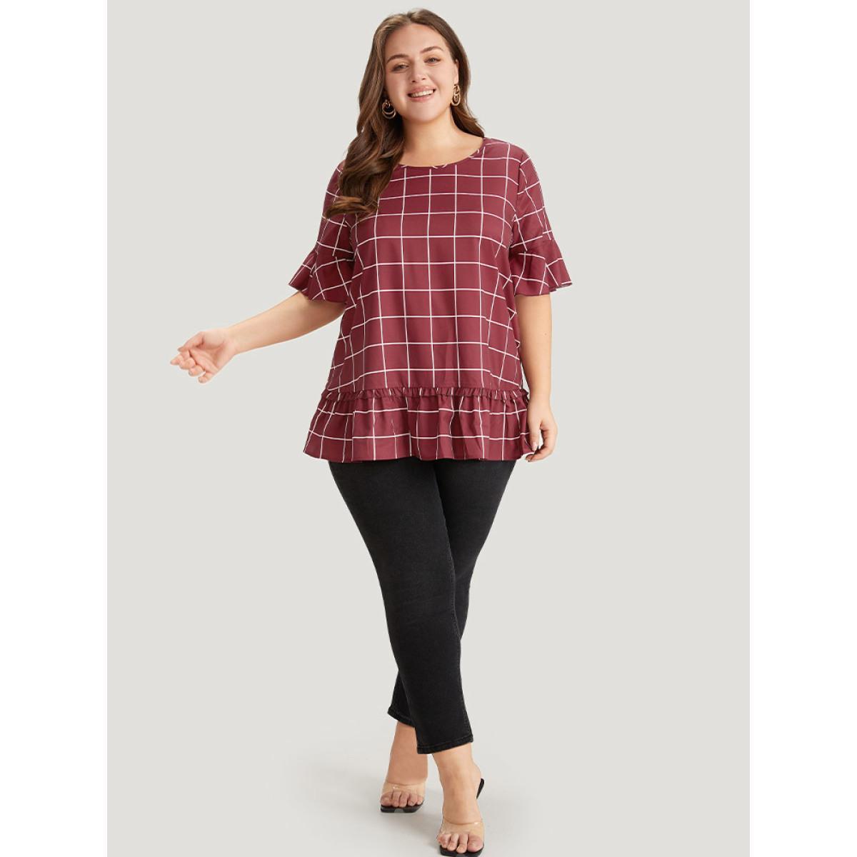 Plus Size Burgundy Plaid Frill Trim Bell Sleeve Flutter Hem Blouse Women Elegant Half Sleeve Round Neck Dailywear Blouses BloomChic 28/5X Product Image