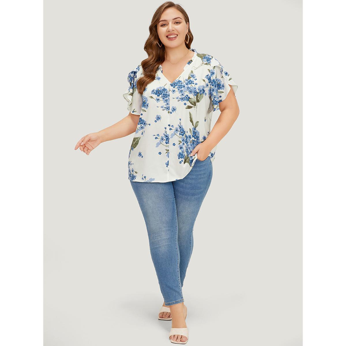 Plus Size White Floral Frill Trim Petal Sleeve Blouse Women Elegant Short sleeve V-neck Dailywear Blouses BloomChic 22-24/3X Product Image