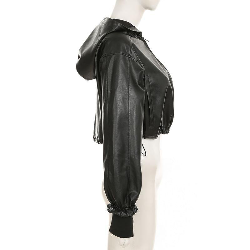 Faux Leather Hooded Zip-Up Crop Jacket Product Image