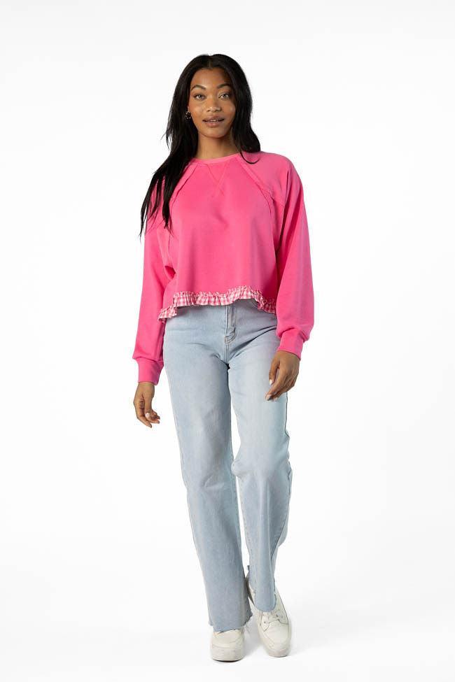 Away We Go Cropped Pink Gingham Ruffle Hem Crew Neck Sweatshirt FINAL SALE Product Image