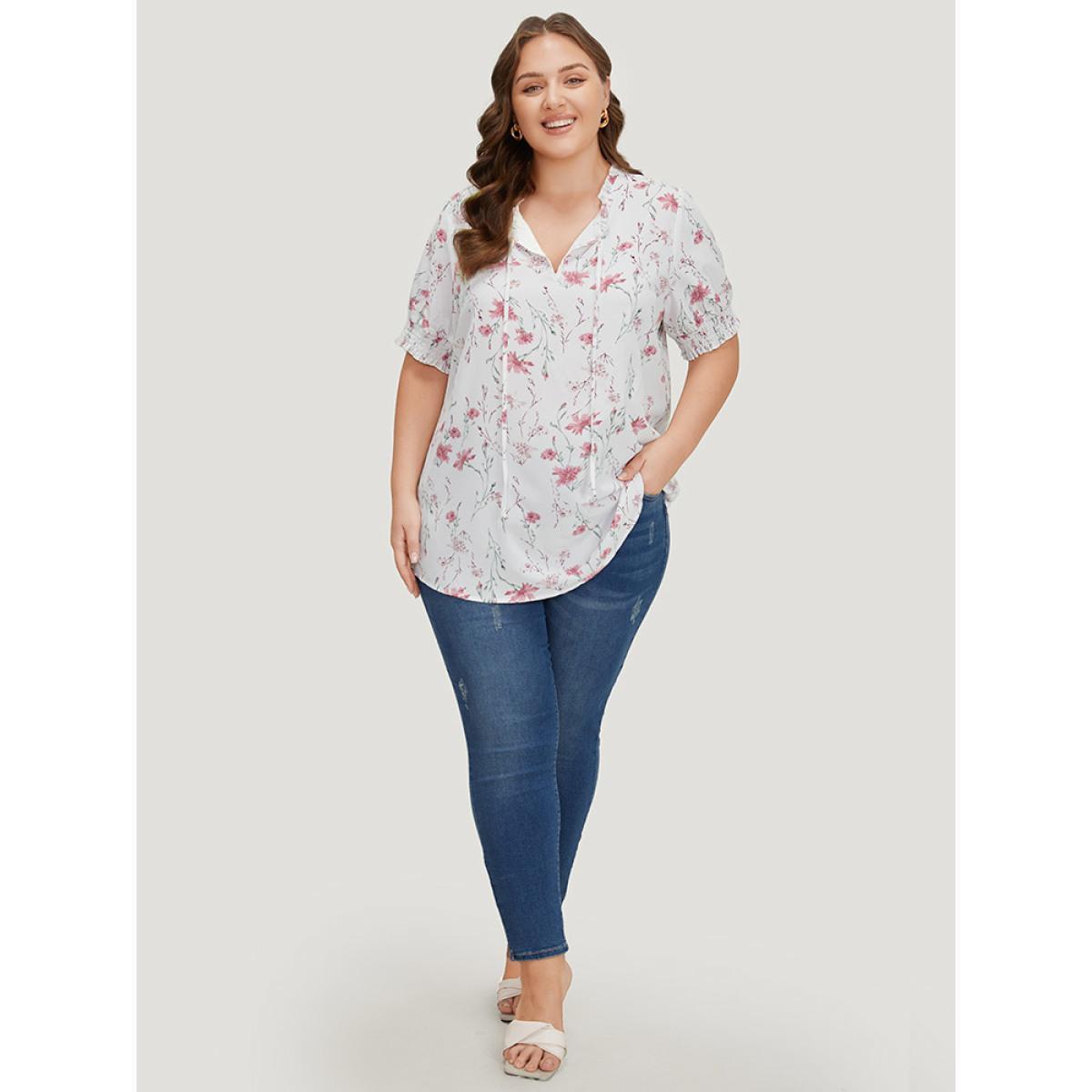 Plus Size White Floral Knot Frill Trim Shirred Lantern Sleeve Blouse Women Elegant Short sleeve Tie Neck Dailywear Blouses BloomChic 26/4X Product Image