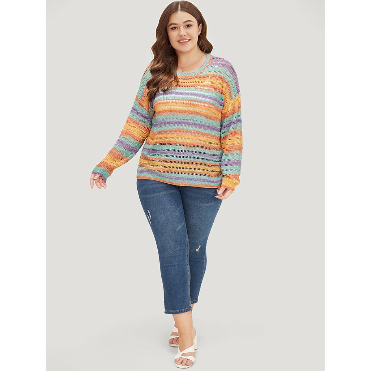 Plus Size Contrast Striped Cut Out Ombre Pullover Multicolor Women Casual Loose Long Sleeve Round Neck Everyday Pullovers BloomChic 26/4X Product Image