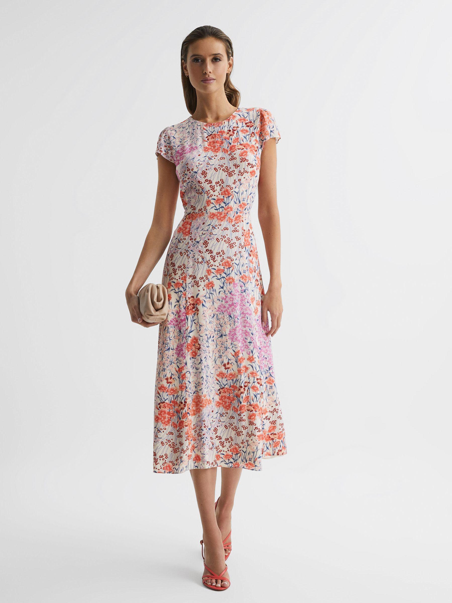 Floral Print Cap Sleeve Dress in Coral/White Product Image