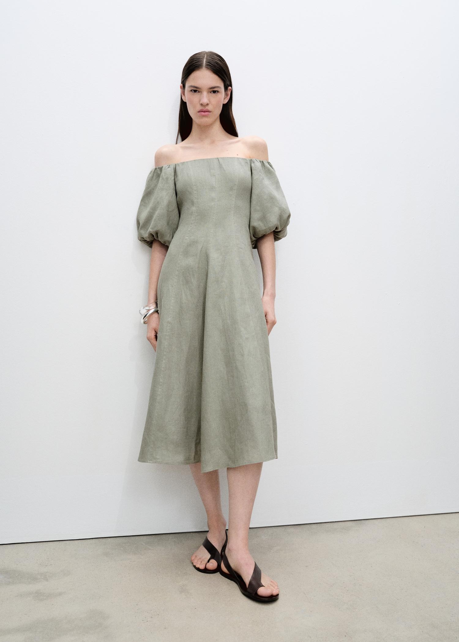 Puffed-sleeve linen dress - Women | MANGO USA Product Image