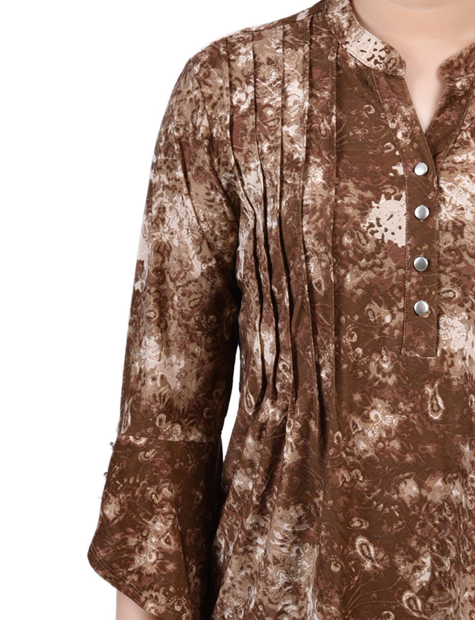 Taupe Geobreeze 3/4 Sleeve Overlapped Bell Sleeve Y Neck Top - Petite Product Image