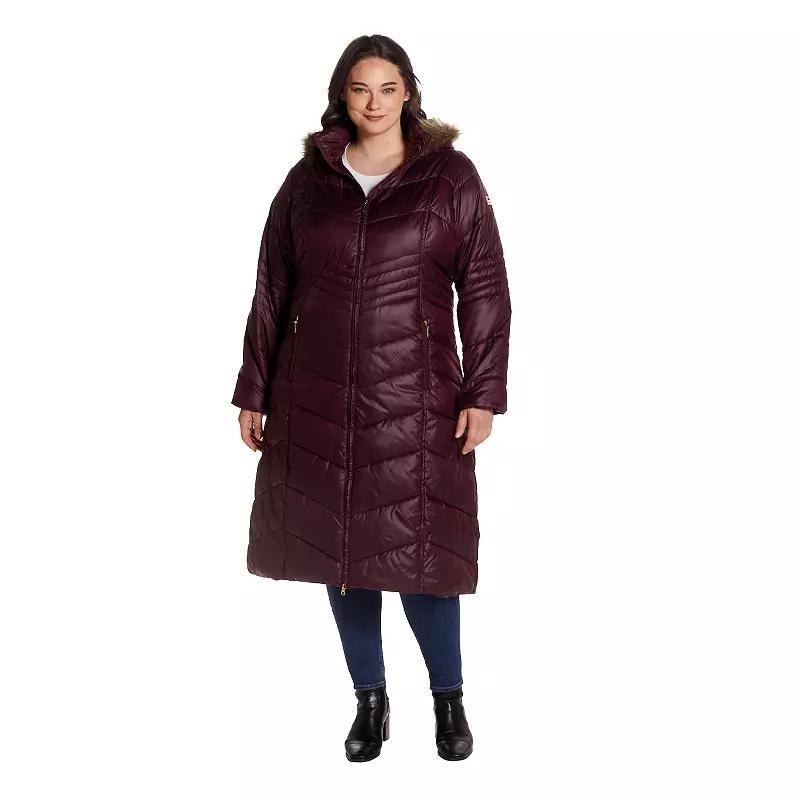 Plus Size Gallery Faux-Fur Hood Chevron Long Puffer Coat, Womens Product Image