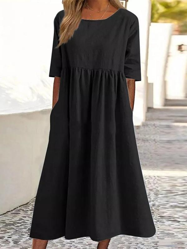 A-Line Half Sleeves Pleated Pockets Solid Color Round-Neck Midi Dresses Product Image