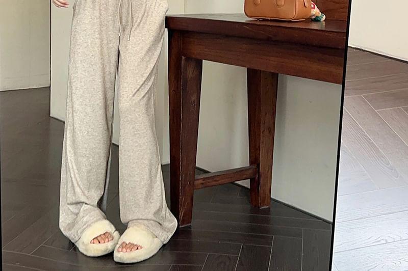 Long Sleeve Plain Hood Half Zip Top /  Drawstring Waist Wide Leg Pants Product Image