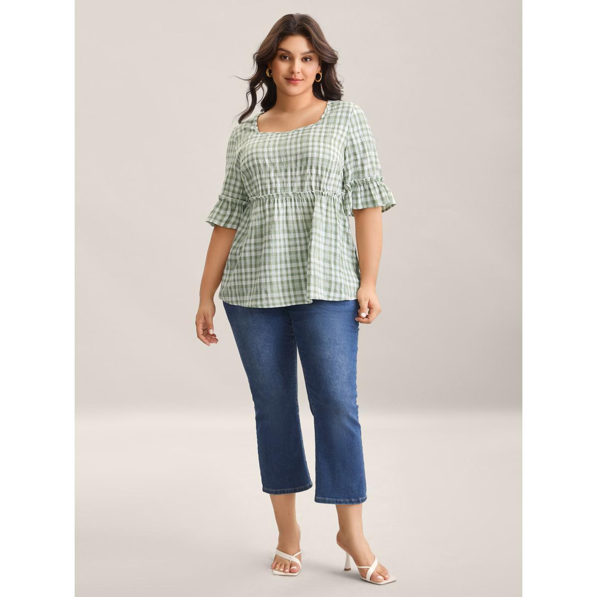 Plus Size Greenbean Plaid Pattern Ruffled Sleeve Babydoll Top Women Half Sleeve Square Neck Everyday-Elegant Blouses BloomChic 26/4X Product Image