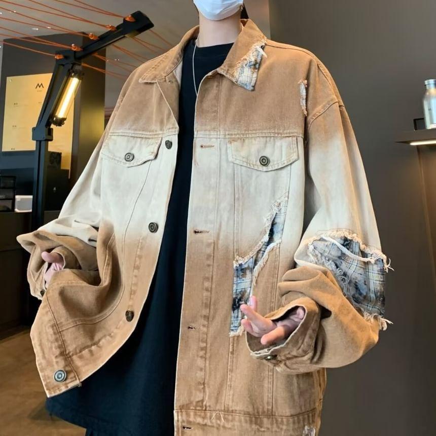 Washed Two-Tone Button-Up Denim Jacket Product Image