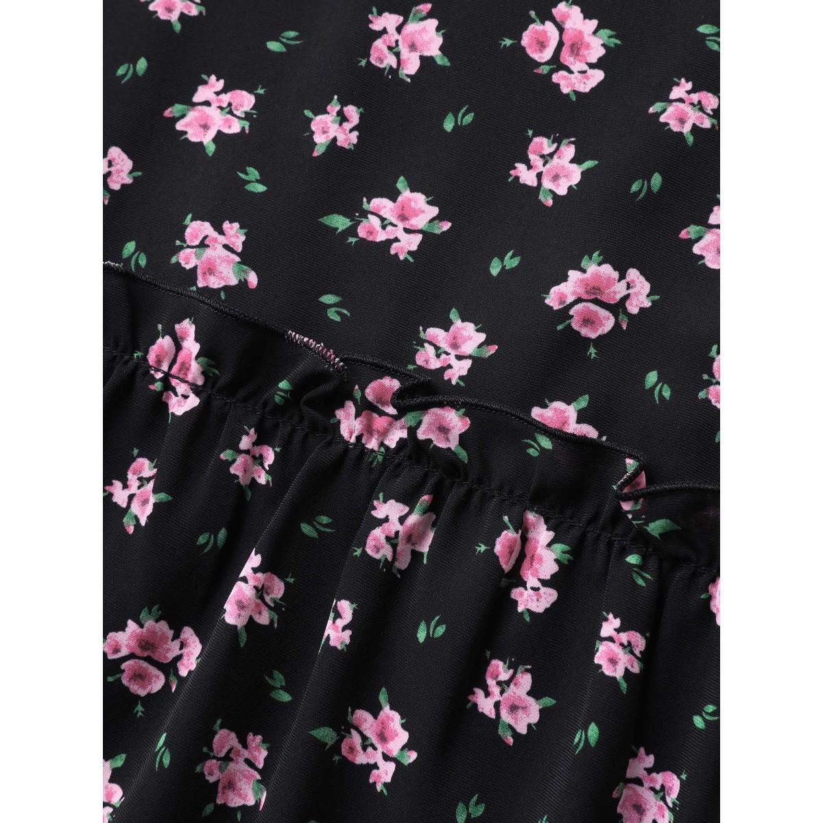 Plus Size Ditsy Floral Print Tiered Tank Top Women Black Gathered Round Neck Everyday-Elegant Tank Tops Camis BloomChic 26/4X Product Image