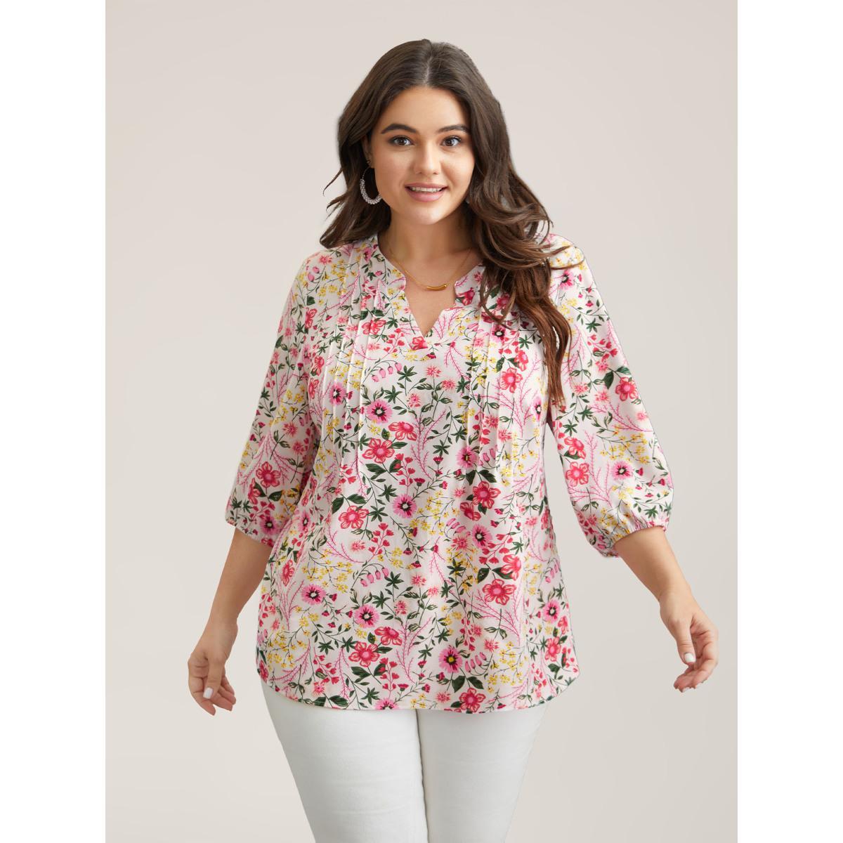 Plus Size WhiteSmoke Floral Print Notched Collar Shirt Women Elegant Elbow-length sleeve Notched collar Everyday Blouses BloomChic 26/4X Product Image