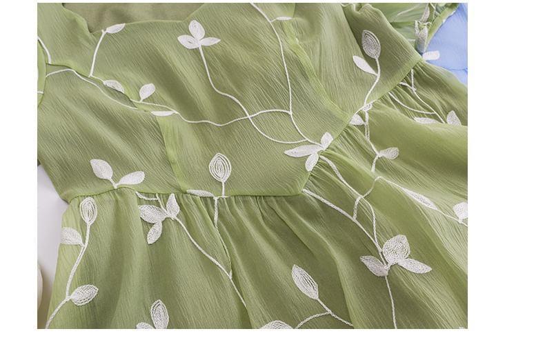 Short-Sleeve Leaf Embroidered Midi A-Line Dress Product Image