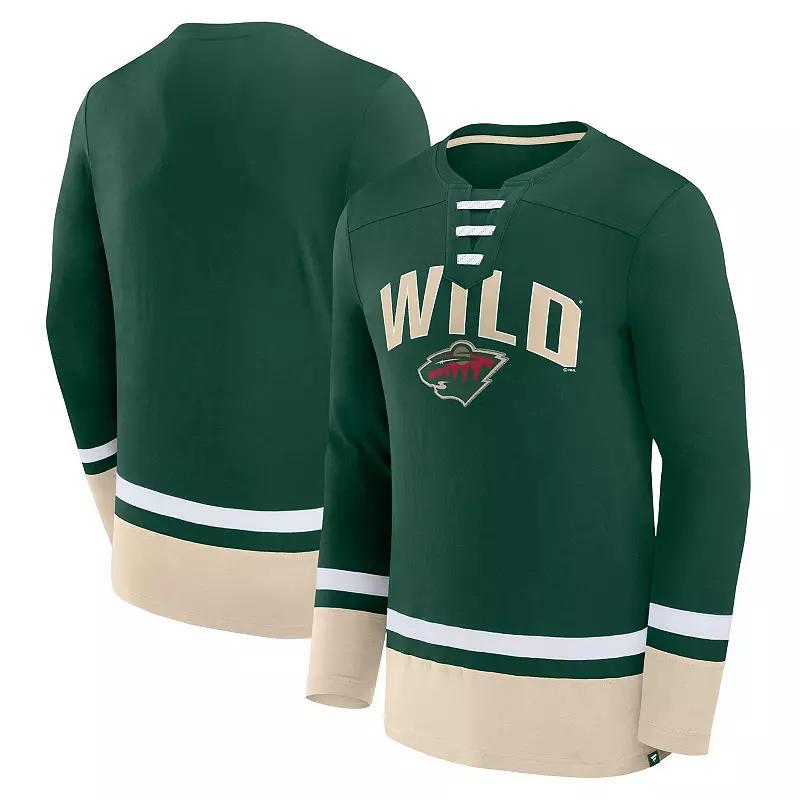 Men's Fanatics Branded Green Minnesota Wild Back Pass Lace-Up Long Sleeve T-Shirt, Size: Large Product Image