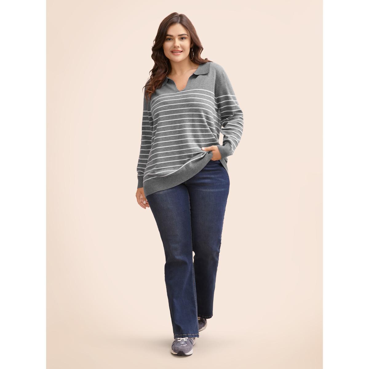 Plus Size Supersoft Essentials Striped Knit Pullover Mediumgray Women Workwear Essentials Three Quater Length Sleeve Polo Work Pullovers BloomChic 30/6X Product Image