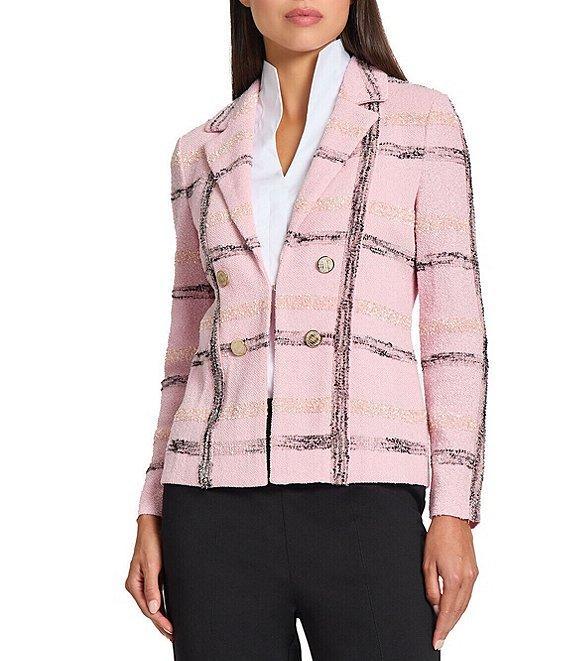 MISOOK Textured Knit Plaid Notch Lapel Long Sleeve Jacket Product Image