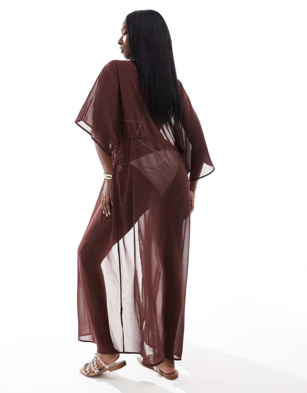 Threadbare maxi beach cover up in chocolate brown Product Image