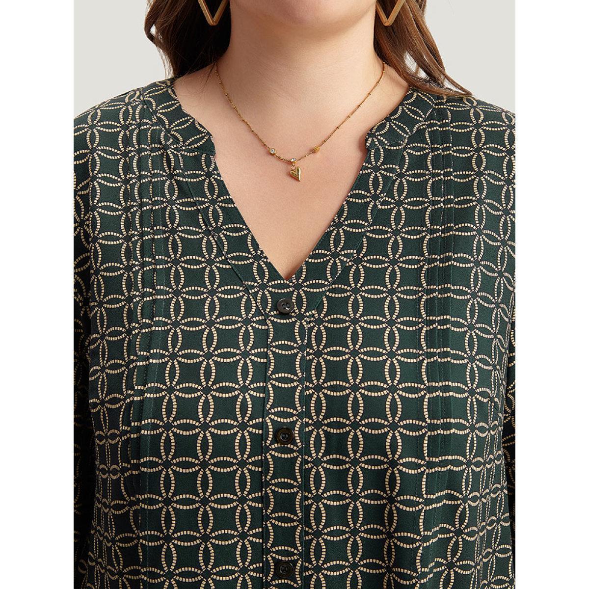 Plus Size ArmyGreen Geometric Graphic Pleated Detail Blouse Women Office Long Sleeve V-neck Work Blouses BloomChic 10/M Product Image