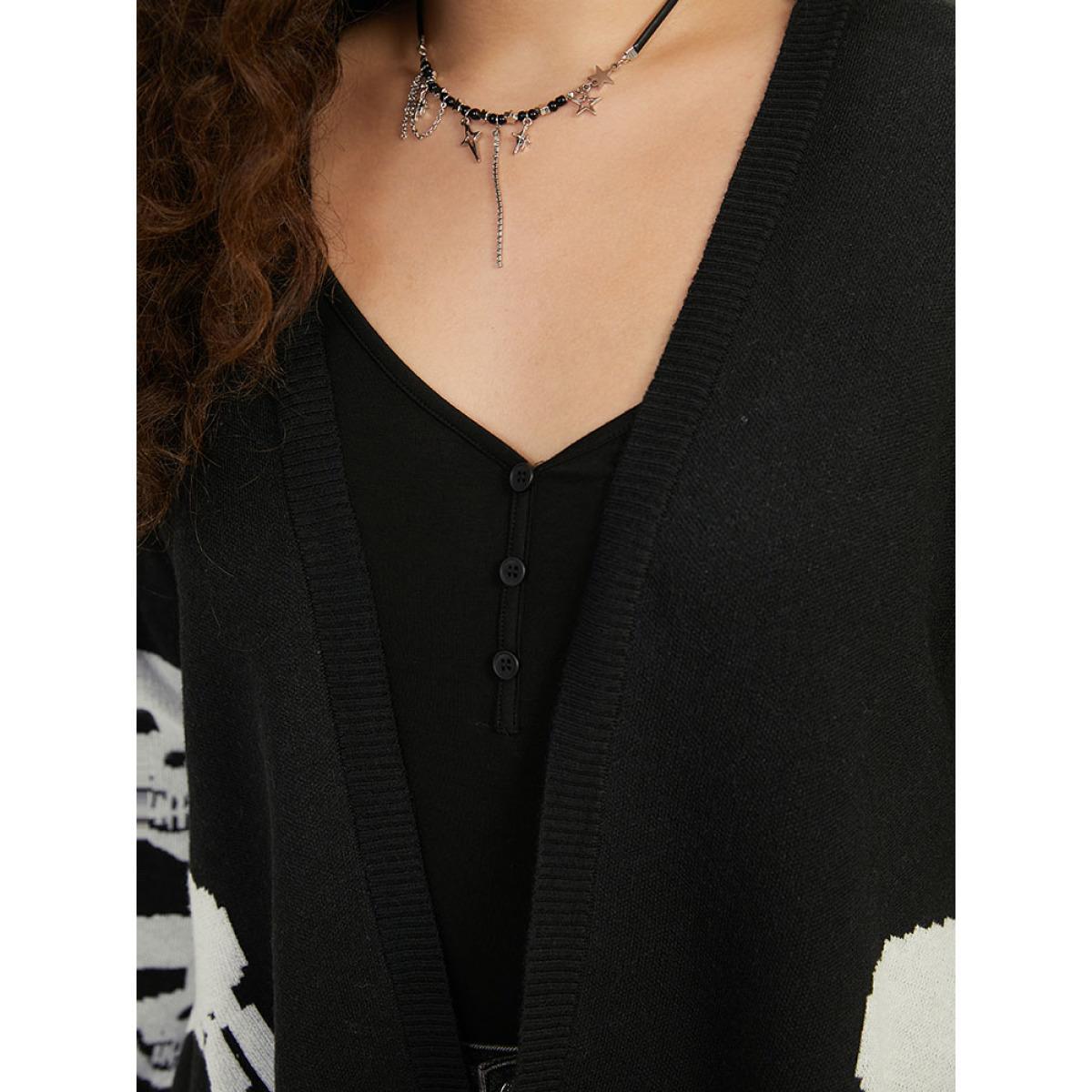 Plus Size Supersoft Essentials Halloween Skull Asymmetrical Hem Cardigan Black Women Casual Loose Long Sleeve Festival-Halloween Cardigans BloomChic 22-24/3X Product Image