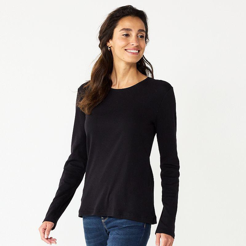 Women's Croft & Barrow® Essential Long-Sleeve Crewneck Tee, Size: Small, Black Product Image